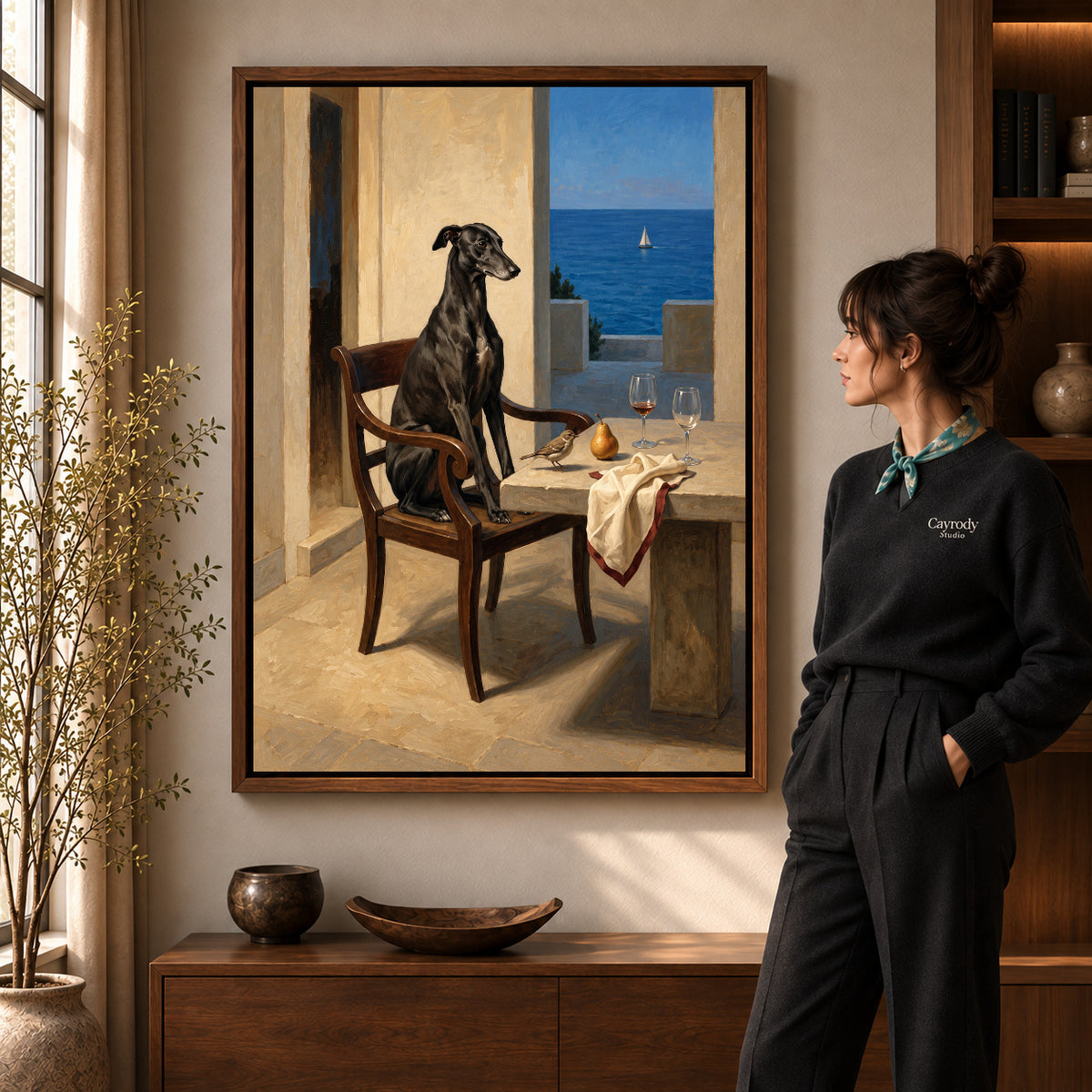 Walnut framed seaside greyhound portrait artwork scene assigned to all six walnut framed canvas sizes.