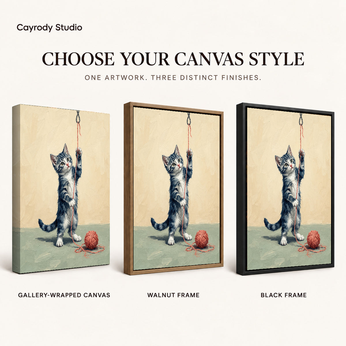 Playful Yarn Kitten artwork finish chart showing gallery wrapped canvas, walnut frame, and black frame options.