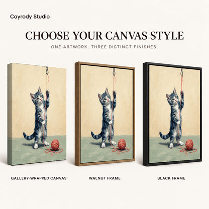 Playful Yarn Kitten artwork finish chart showing gallery wrapped canvas, walnut frame, and black frame options.