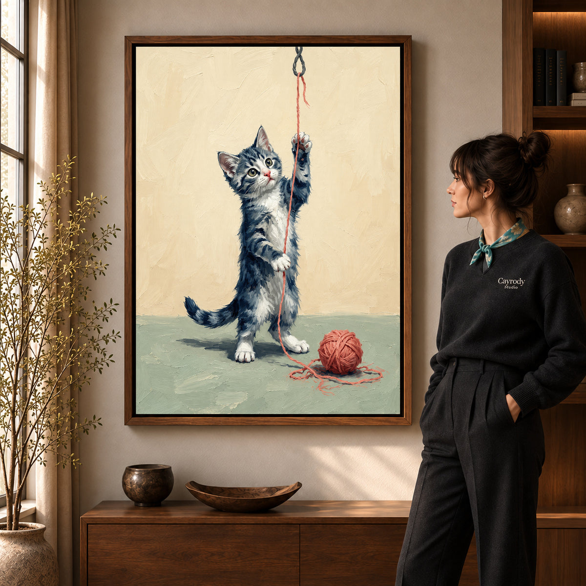 Walnut framed playful yarn kitten artwork scene assigned to all six walnut framed canvas sizes.