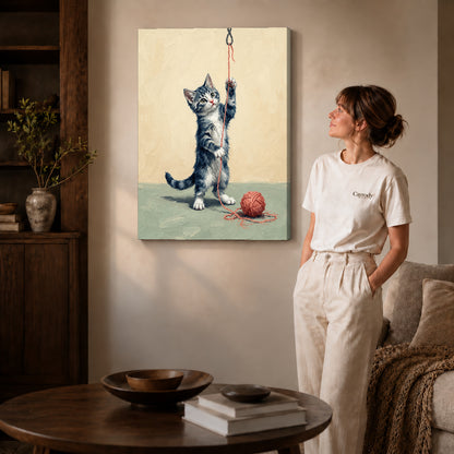 Gallery wrapped playful yarn kitten artwork scene assigned to all six unframed wrapped canvas sizes.