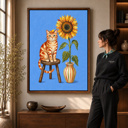 Sunflower Cat Portrait artwork in a walnut frame beside a standing woman in a warm room.