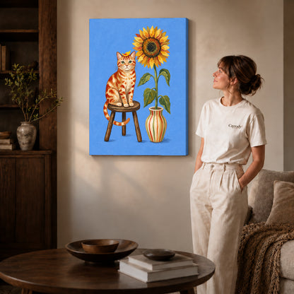 Gallery wrapped sunflower cat portrait artwork with shaded canvas edges beside a woman wearing cream clothing.