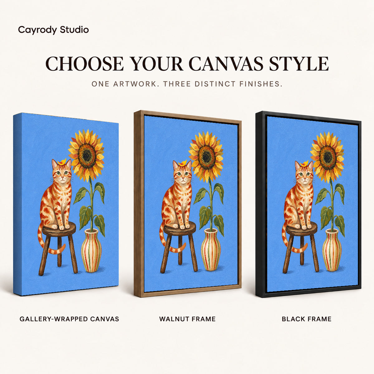 Sunflower Cat Portrait artwork finish chart showing gallery wrapped canvas, walnut frame, and black frame options.