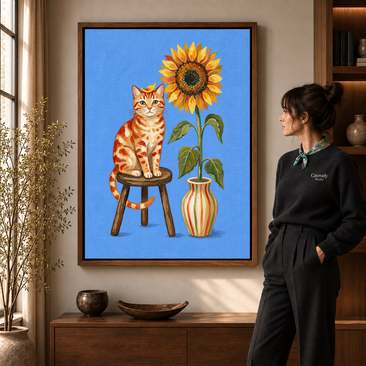 Walnut framed sunflower cat portrait artwork scene assigned to all six walnut framed canvas sizes.