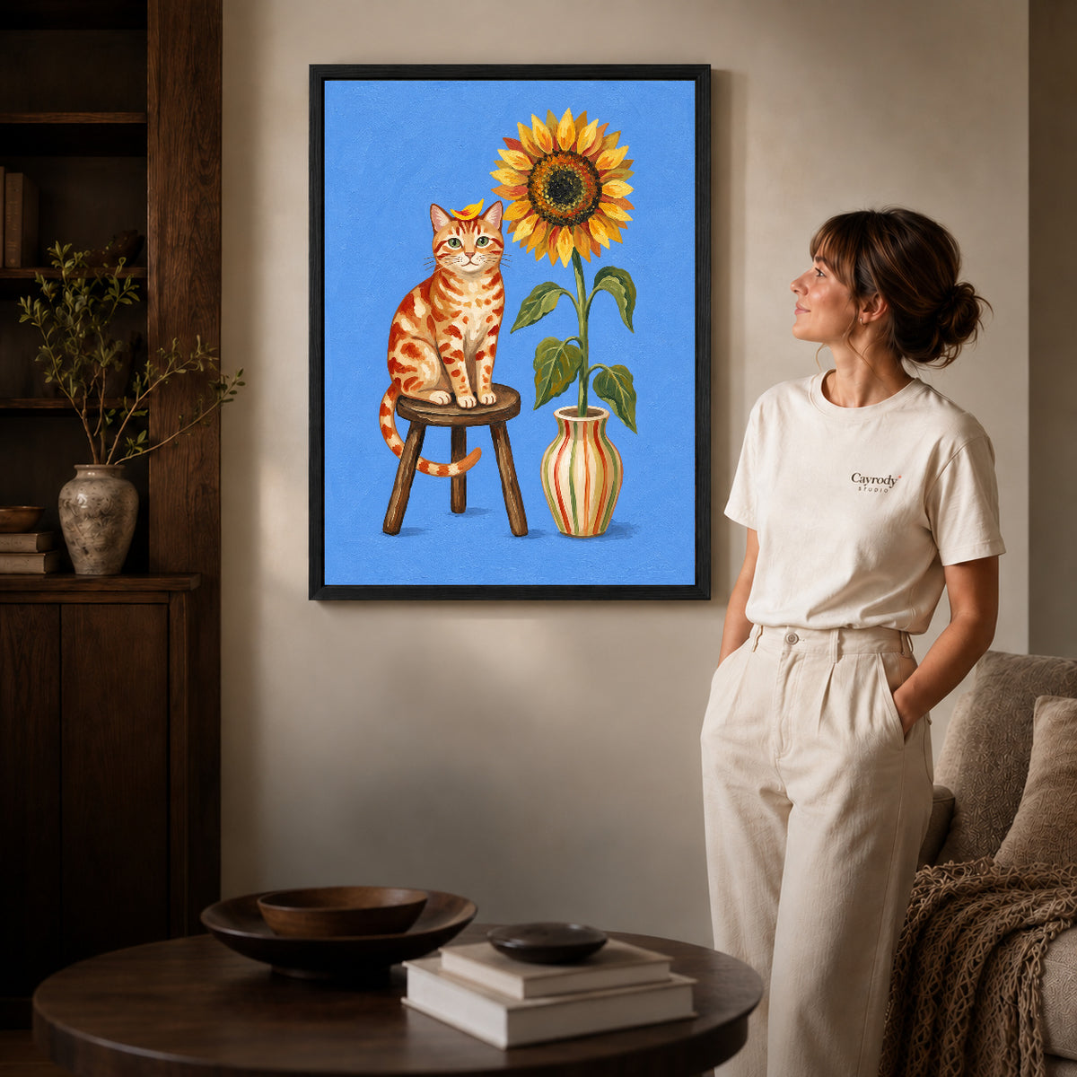 Black framed sunflower cat portrait artwork scene assigned to all six black framed canvas sizes.