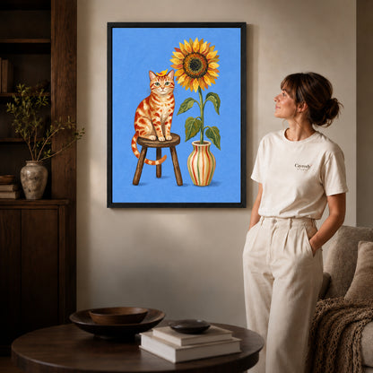 Black framed sunflower cat portrait artwork scene assigned to all six black framed canvas sizes.