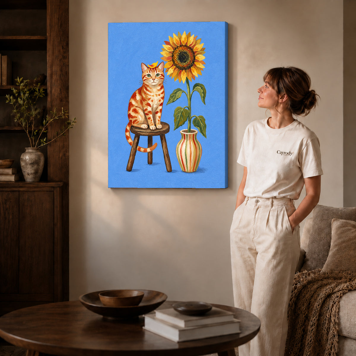 Gallery wrapped sunflower cat portrait artwork scene assigned to all six unframed wrapped canvas sizes.