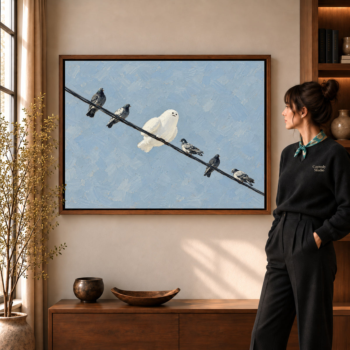 Ghost Pigeon Friends artwork in a walnut frame beside a standing woman in a warm room.