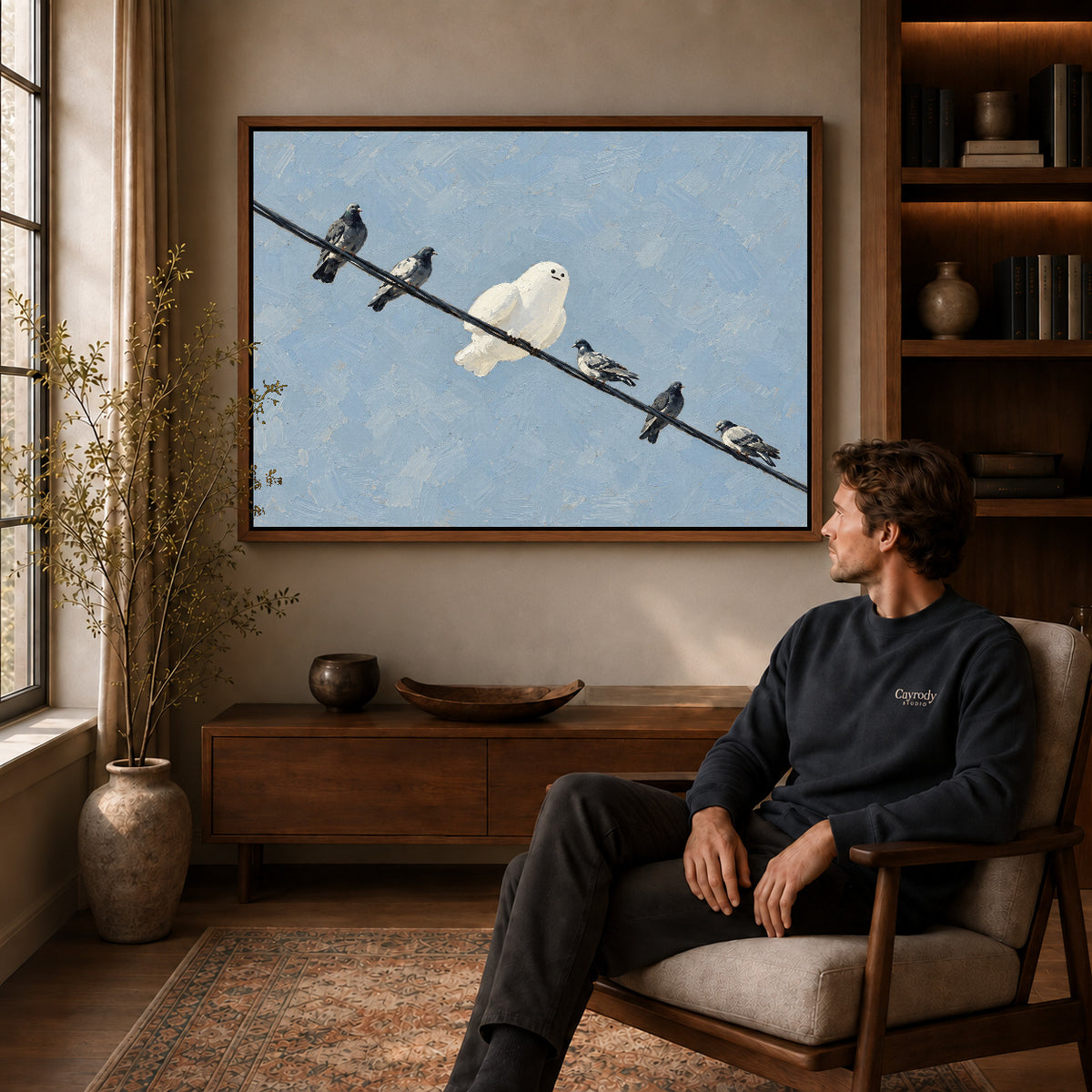 Walnut framed ghost pigeon friends artwork above a seated man in a wood furnished living room.
