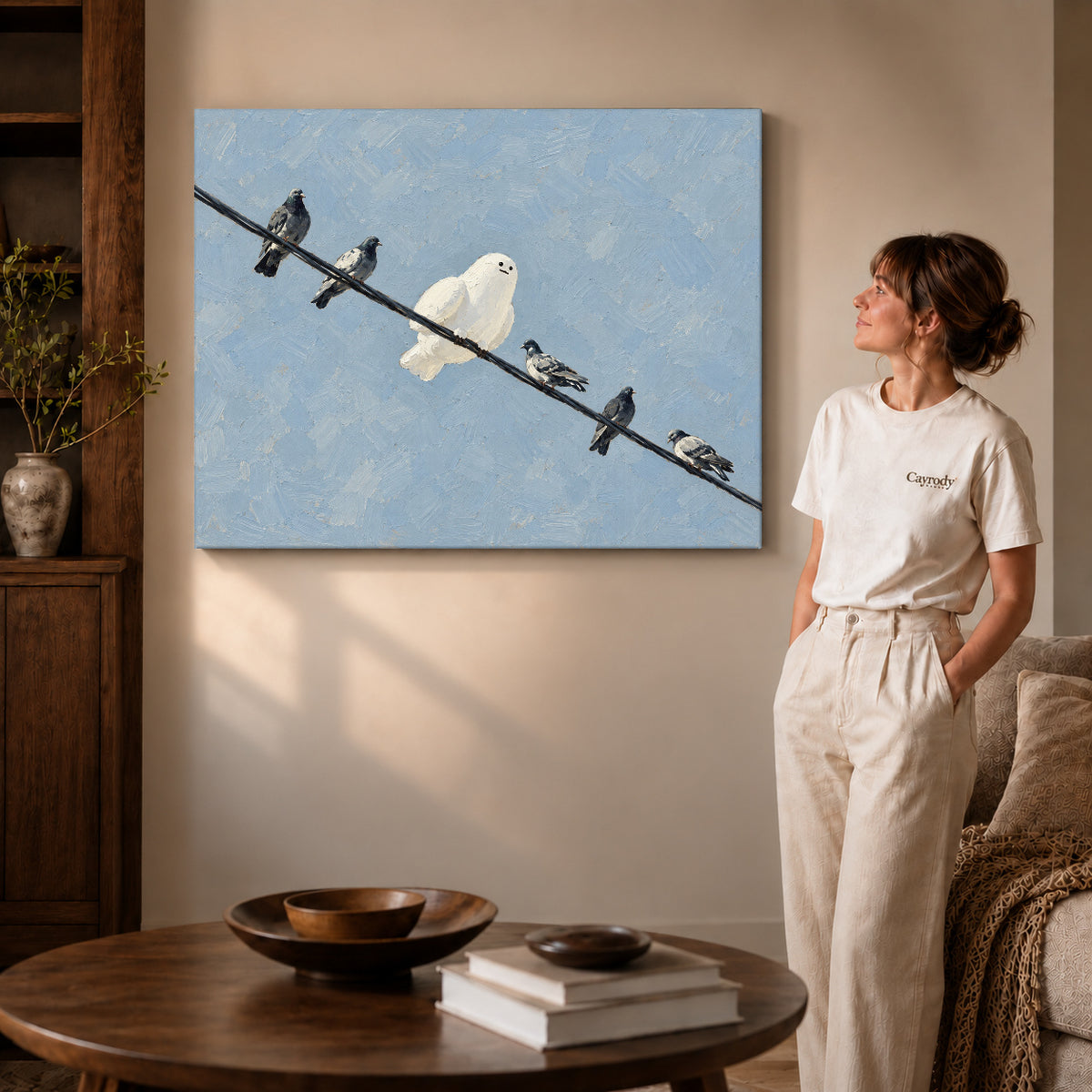 Gallery wrapped ghost pigeon friends artwork with shaded canvas edges beside a woman wearing cream clothing.