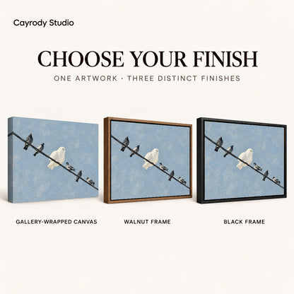 Ghost Pigeon Friends artwork finish chart showing gallery wrapped canvas, walnut frame, and black frame options.