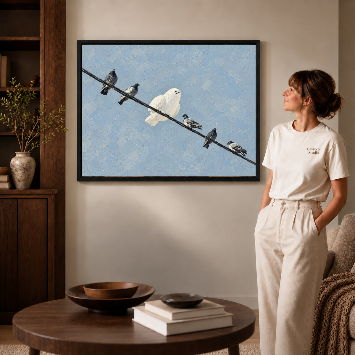 Black framed ghost pigeon friends artwork scene assigned to all six black framed canvas sizes.
