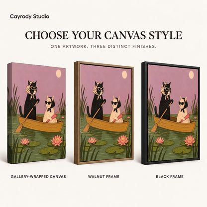 Boat Cat Friends artwork finish chart showing gallery wrapped canvas, walnut frame, and black frame options.