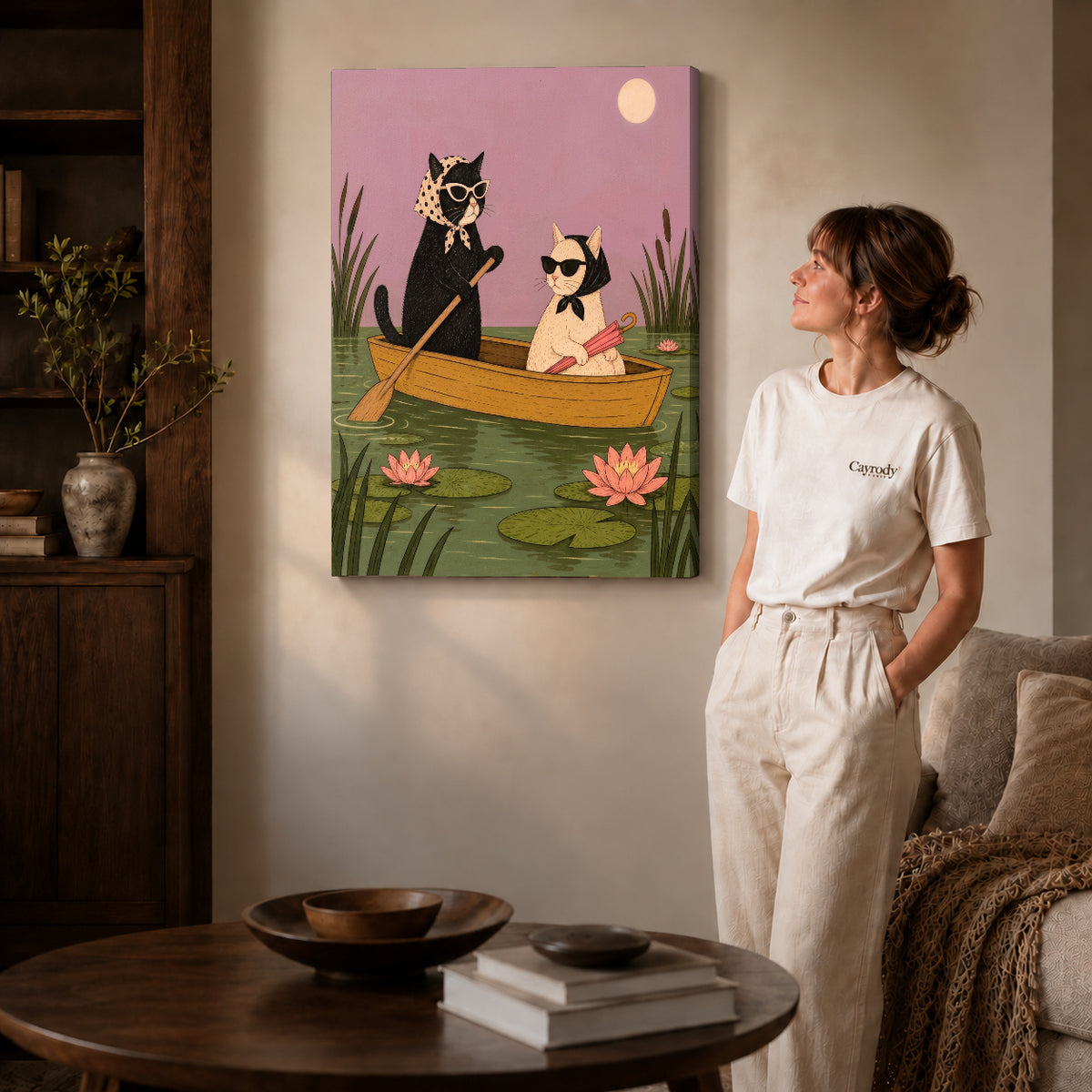 Gallery wrapped boat cat friends artwork scene assigned to all six unframed wrapped canvas sizes.