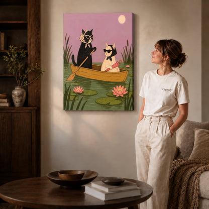 Gallery wrapped boat cat friends artwork scene assigned to all six unframed wrapped canvas sizes.