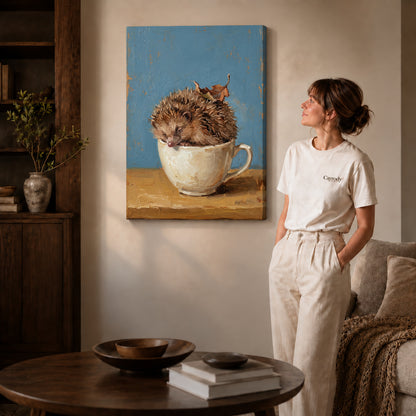 Gallery wrapped sleepy teacup hedgehog artwork with shaded canvas edges beside a woman wearing cream clothing.