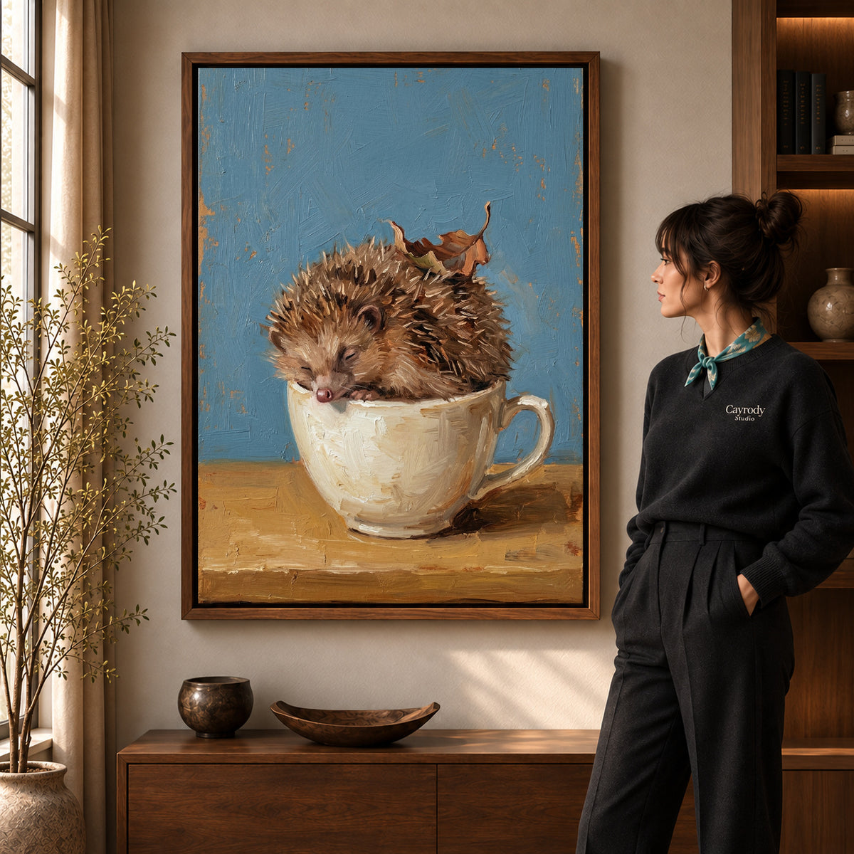 Walnut framed sleepy teacup hedgehog artwork scene assigned to all six walnut framed canvas sizes.