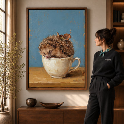 Walnut framed sleepy teacup hedgehog artwork scene assigned to all six walnut framed canvas sizes.