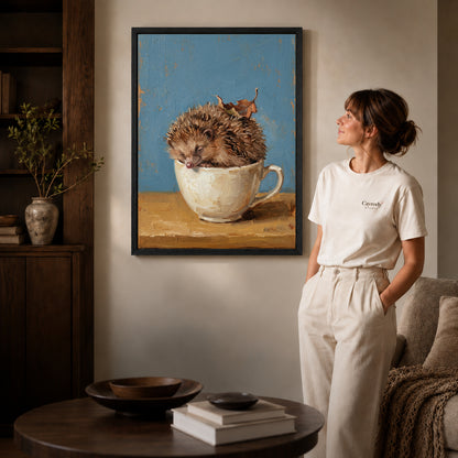 Black framed sleepy teacup hedgehog artwork scene assigned to all six black framed canvas sizes.