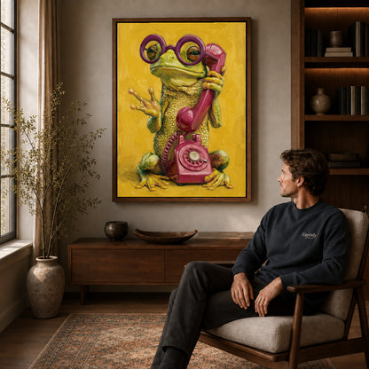 Walnut framed chatty telephone frog artwork above a seated man in a wood furnished living room.