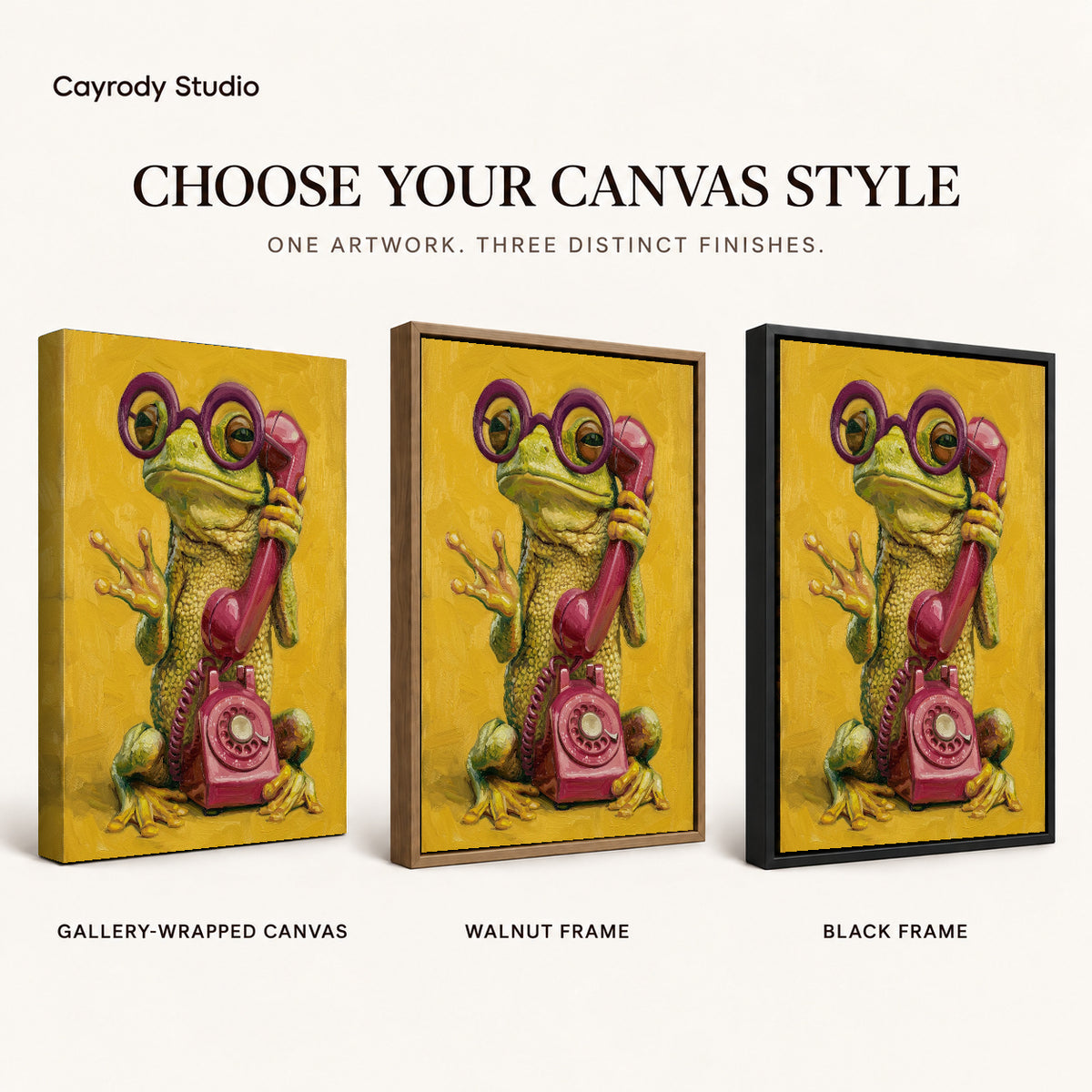 Chatty Telephone Frog artwork finish chart showing gallery wrapped canvas, walnut frame, and black frame options.