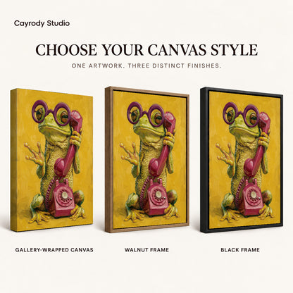 Chatty Telephone Frog artwork finish chart showing gallery wrapped canvas, walnut frame, and black frame options.