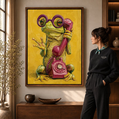 Walnut framed chatty telephone frog artwork scene assigned to all six walnut framed canvas sizes.