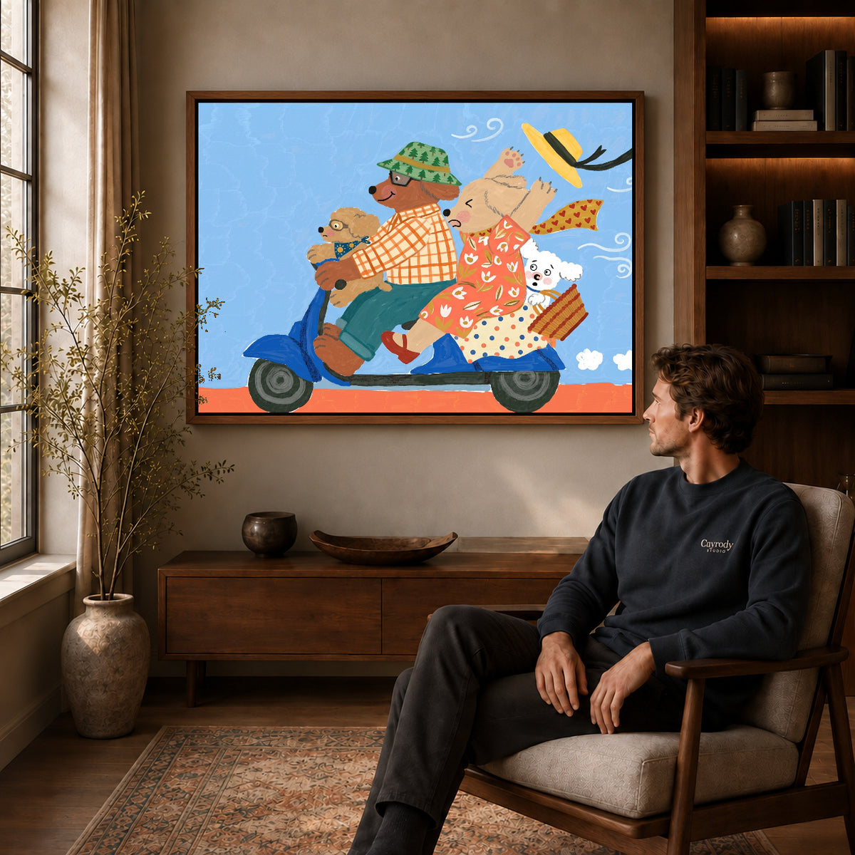 Walnut framed scooter dog family artwork above a seated man in a wood furnished living room.