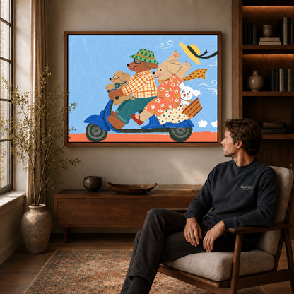 Walnut framed scooter dog family artwork above a seated man in a wood furnished living room.