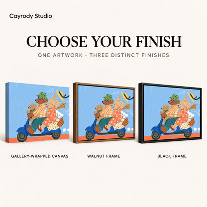 Scooter Dog Family artwork finish chart showing gallery wrapped canvas, walnut frame, and black frame options.