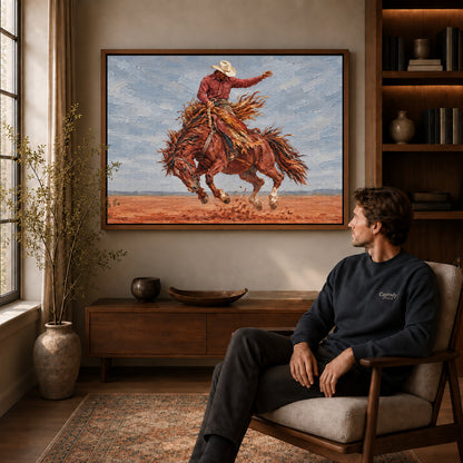 Walnut framed bucking horse rider artwork above a seated man in a wood furnished living room.