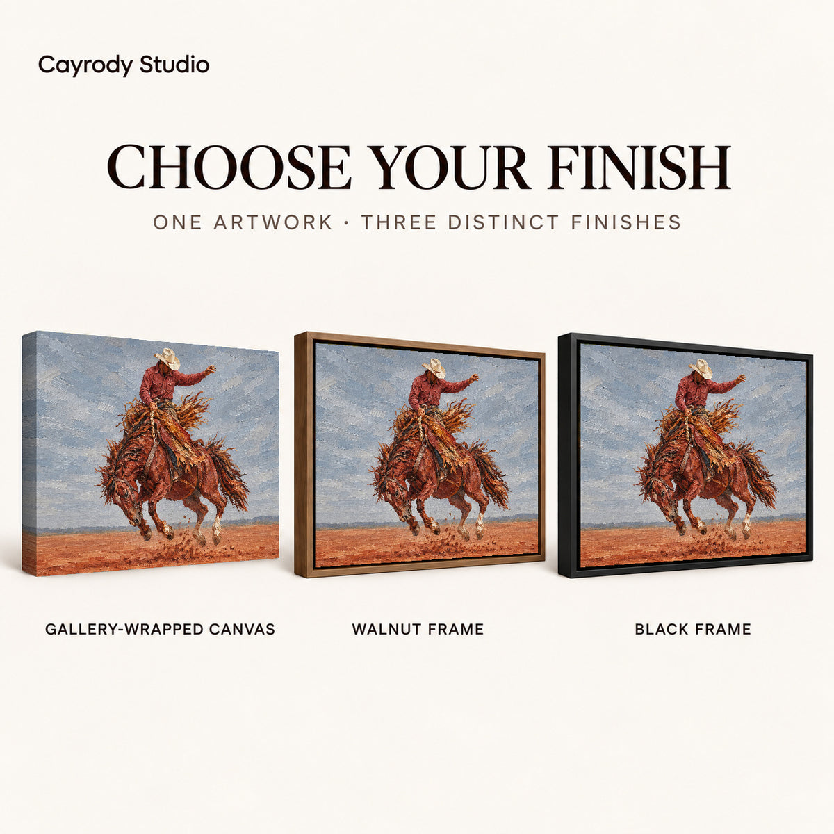 Bucking Horse Rider artwork finish chart showing gallery wrapped canvas, walnut frame, and black frame options.