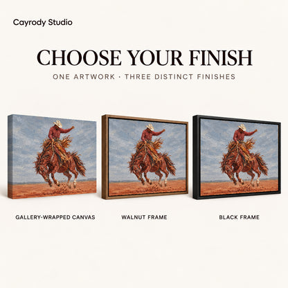Bucking Horse Rider artwork finish chart showing gallery wrapped canvas, walnut frame, and black frame options.