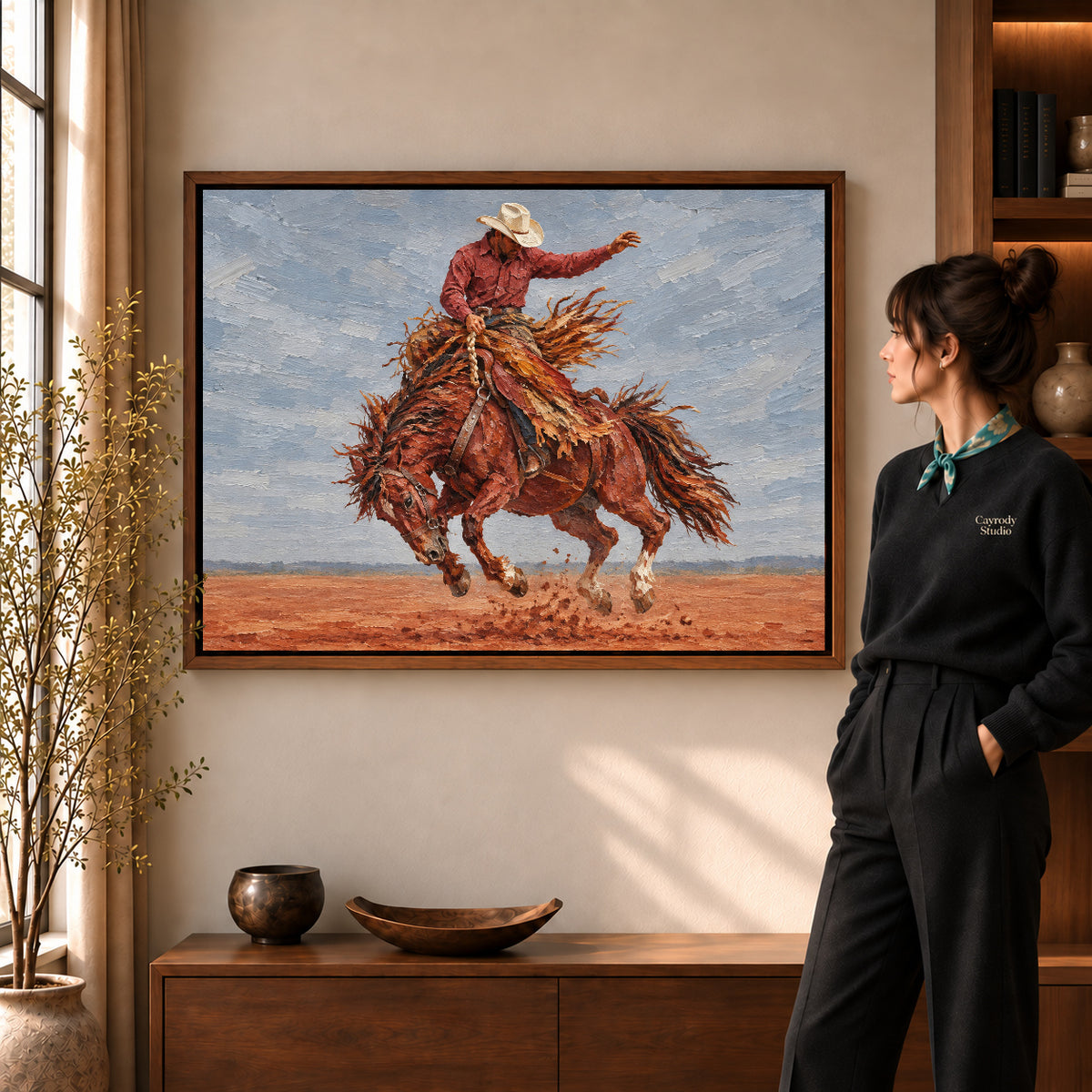 Walnut framed bucking horse rider artwork scene assigned to all six walnut framed canvas sizes.