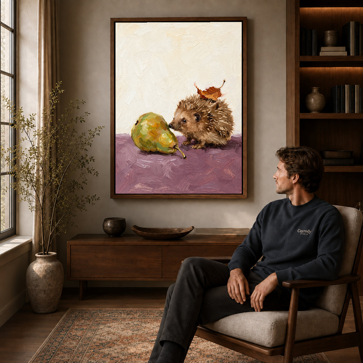 Walnut framed hedgehog and pear artwork above a seated man in a wood furnished living room.