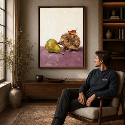 Walnut framed hedgehog and pear artwork above a seated man in a wood furnished living room.