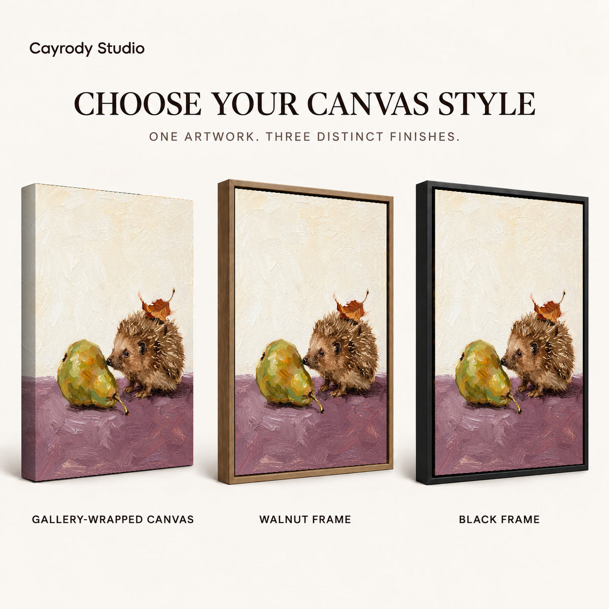Hedgehog and Pear artwork finish chart showing gallery wrapped canvas, walnut frame, and black frame options.