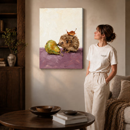 Gallery wrapped hedgehog and pear artwork scene assigned to all six unframed wrapped canvas sizes.