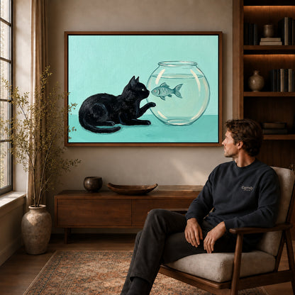 Walnut framed curious fishbowl cat artwork above a seated man in a wood furnished living room.