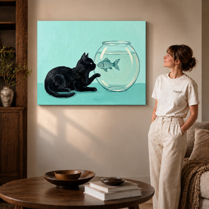 Gallery wrapped curious fishbowl cat artwork with shaded canvas edges beside a woman wearing cream clothing.