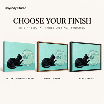 Curious Fishbowl Cat artwork finish chart showing gallery wrapped canvas, walnut frame, and black frame options.