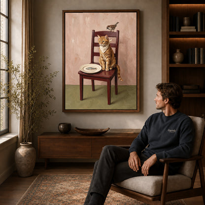 Walnut framed cat and sparrow artwork above a seated man in a wood furnished living room.