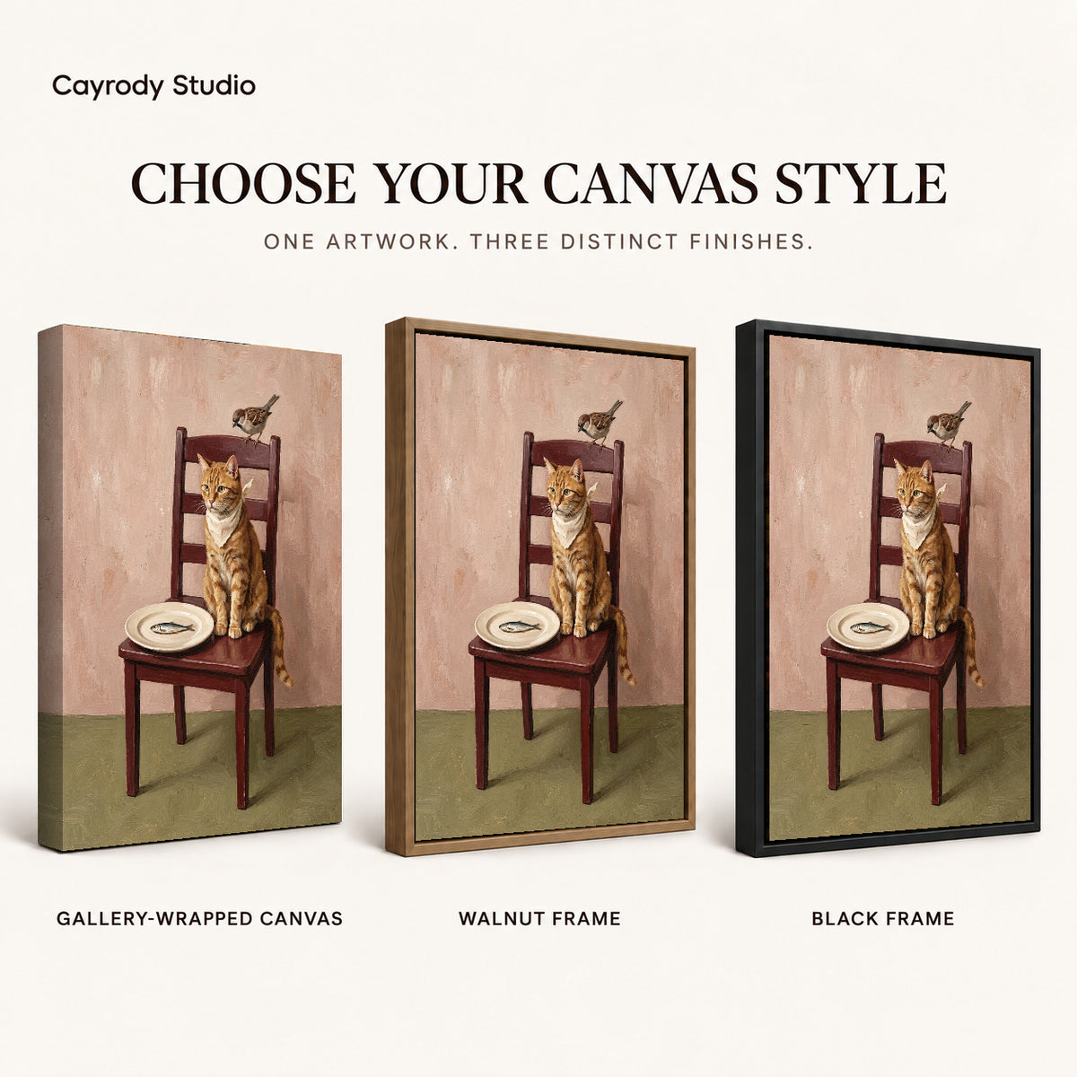 Cat and Sparrow artwork finish chart showing gallery wrapped canvas, walnut frame, and black frame options.