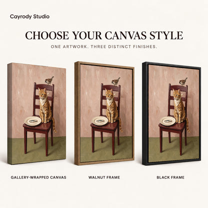 Cat and Sparrow artwork finish chart showing gallery wrapped canvas, walnut frame, and black frame options.
