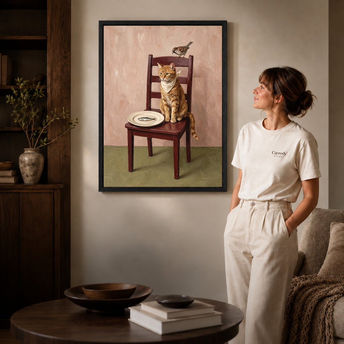 Black framed cat and sparrow artwork scene assigned to all six black framed canvas sizes.