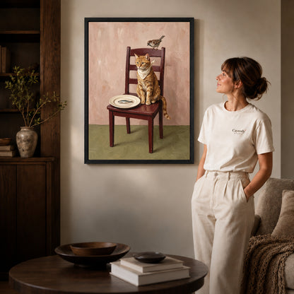 Black framed cat and sparrow artwork scene assigned to all six black framed canvas sizes.