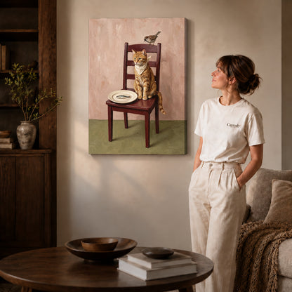 Gallery wrapped cat and sparrow artwork scene assigned to all six unframed wrapped canvas sizes.