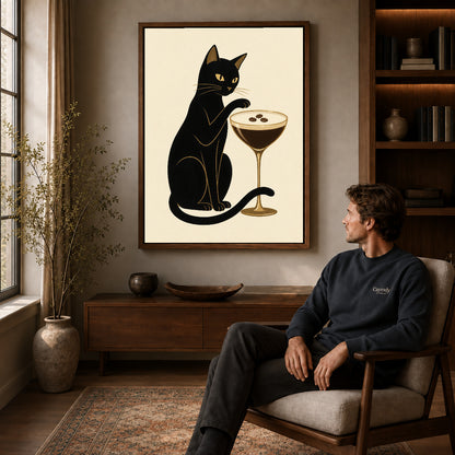 Walnut framed espresso martini cat artwork above a seated man in a wood furnished living room.