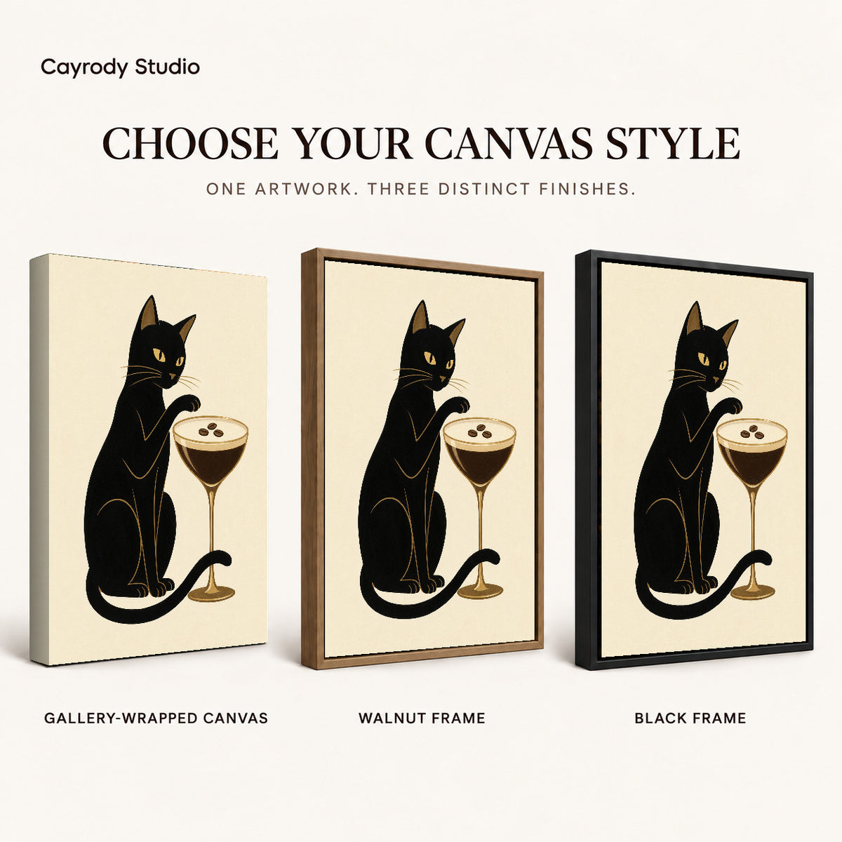 Espresso Martini Cat artwork finish chart showing gallery wrapped canvas, walnut frame, and black frame options.